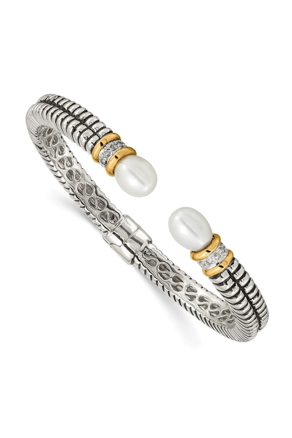 925 Sterling Silver With Real 14kt True Two-tone FW Cultured Pearl & Diamond Cuff Chain Bracelet; for Adults and Teens; for Women and Men