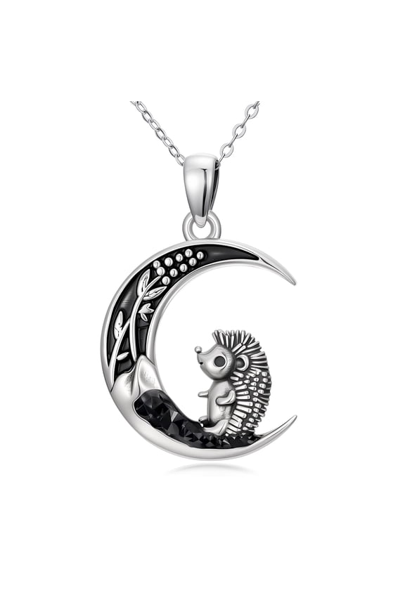 925 Sterling Silver Women Crescent Moon Animal Necklace Moon Hedgehog Pendant Necklace Gothic Jewelry for Women