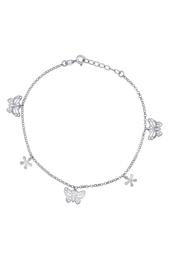 925 Sterling Silver Women Fashion Butterfly Angel Wings and Flower Anklet 10 Inch 10.6mm Long Anklet for Women