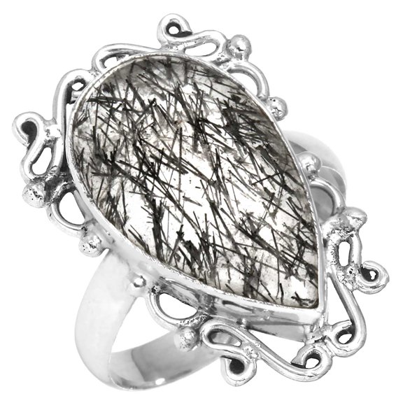 925 Sterling Silver Women Jewelry Black Rutile Ring