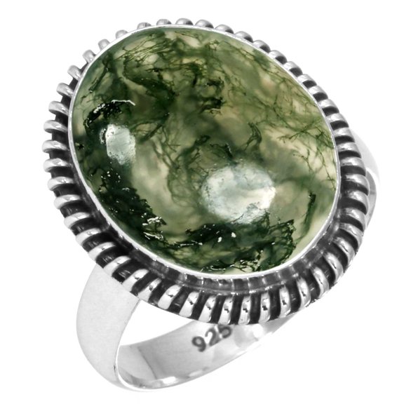 925 Sterling Silver Women Jewelry Natural Moss Agate Ring