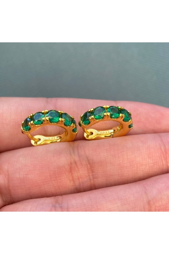 925 Sterling Silver Women Lab Created Emerald Huggie Hoop Earrings 14K Yellow Gold Plated Round Cut
