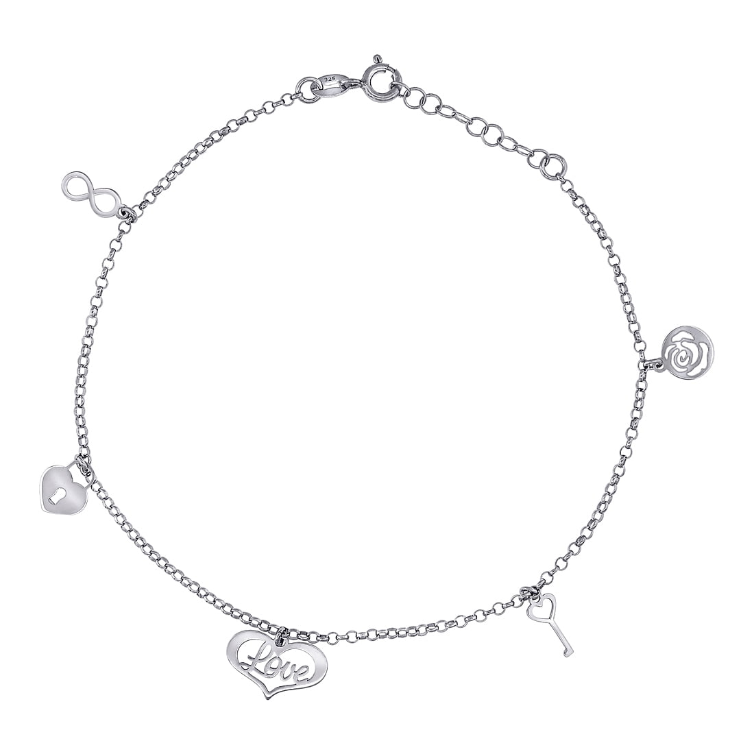 925 Sterling Silver Women Love Charms Anklet 10 Inch 12.2mm Long Anklet for Women - 2.4 Grams