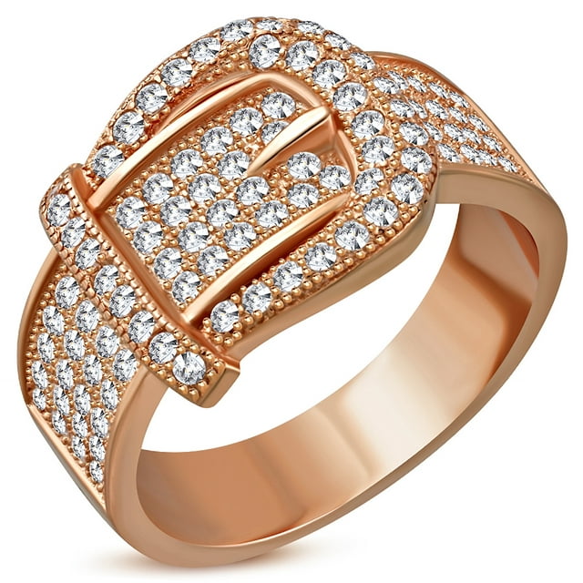 925 Sterling Silver Women's Rose Gold-tone White CZ Stones Belt Buckle Ring