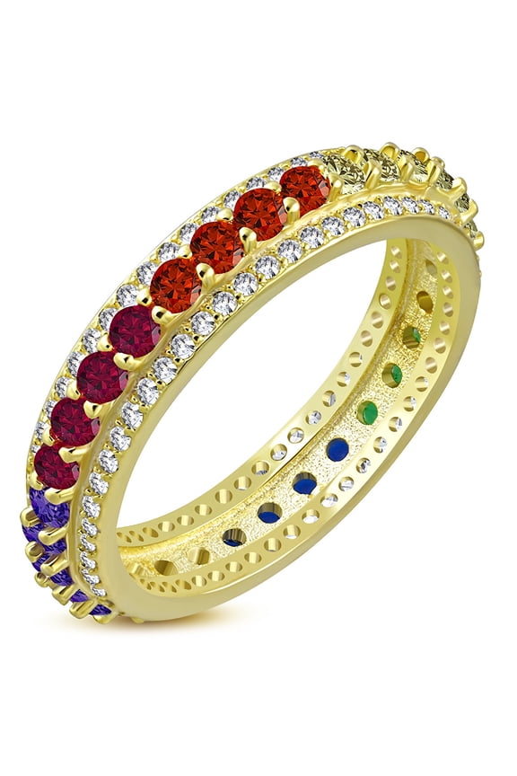 925 Sterling Silver Women's Yellow Gold-tone Prong-set Multi-color CZ Stones Ring