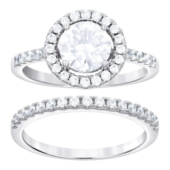 925 Sterling Silver Womens 1.82ct Moissanite Halo Round Duo Ring Bridal Set Ring 5.7mm Long Size 7 Ring for Women