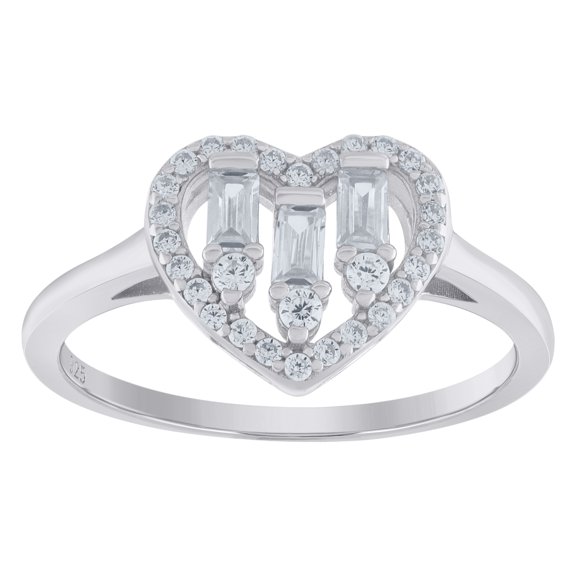 925 Sterling Silver Womens Baguette Cubic-Zirconia Heart Ring Size 6