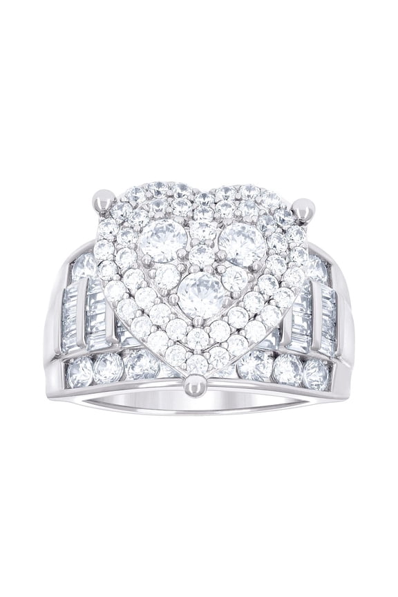 925 Sterling Silver Womens Baguette Round Cubic Zirconia Love Heart Ring 15.7x7.8mm Wide Size 7 Statement Ring for Women
