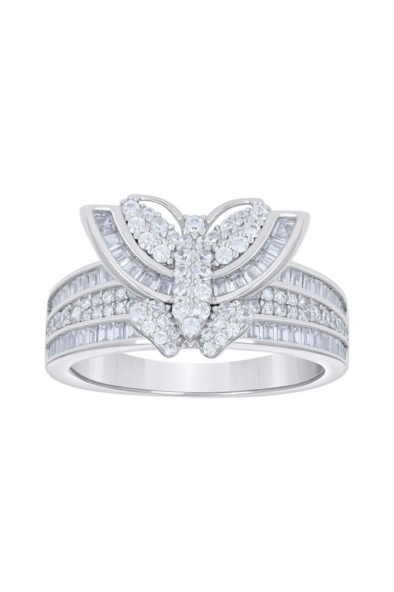 925 Sterling Silver Womens Baguette Round Cubic-Zirconia Butterfly Ring Size 8