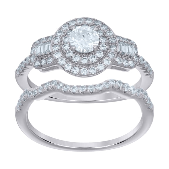 925 Sterling Silver Womens Baguette Round Cubic-Zirconia Duo Bridal Ring Set Size 6