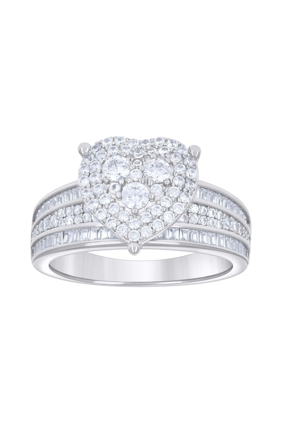 925 Sterling Silver Womens Baguette Round Cubic-Zirconia Heart Ring Size 7