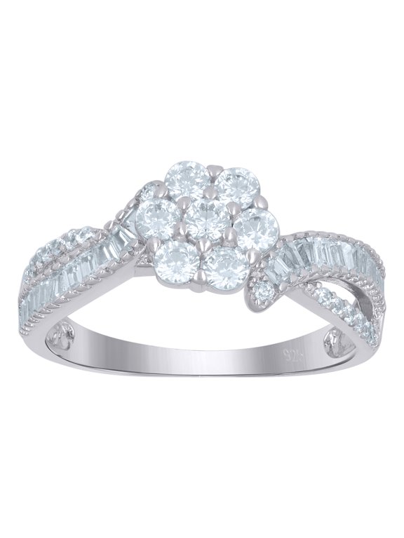 925 Sterling Silver Womens Baguette Solitaire Cubic-Zirconia Flower Engagement Ring Size 5