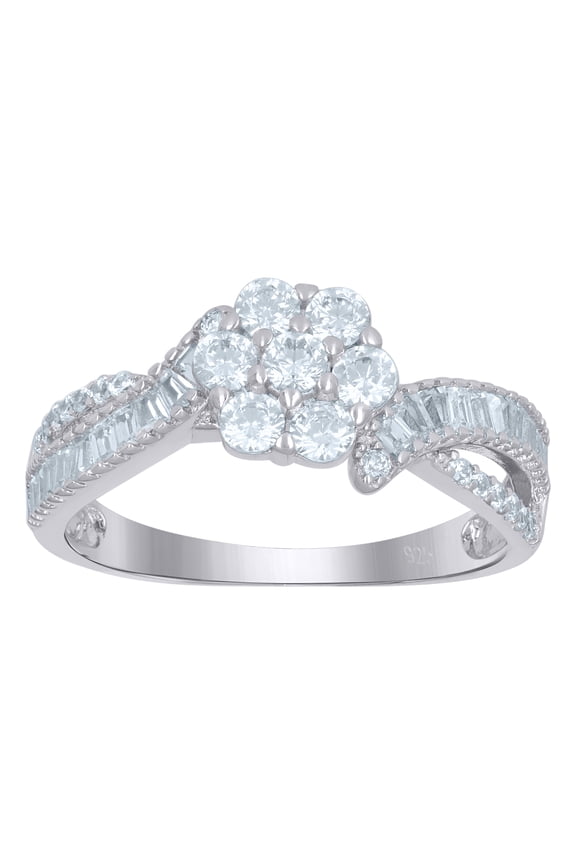 925 Sterling Silver Womens Baguette Solitaire Cubic-Zirconia Flower Engagement Ring Size 8