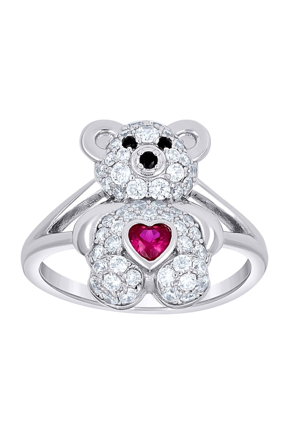 925 Sterling Silver Womens Black/Pink White Heart Round Cubic-Zirconia Teddy Bear Love Heart Ring Size 10
