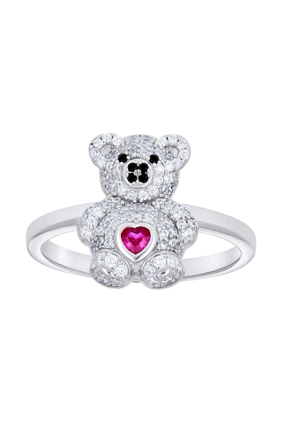 925 Sterling Silver Womens Black/Pink White Heart Round Cubic-Zirconia Teddy Bear Love Heart Ring Size 10