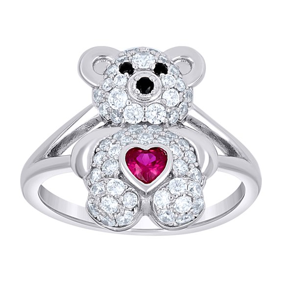 925 Sterling Silver Womens Black/Pink White Heart Round Cubic-Zirconia Teddy Bear Love Heart Ring Size 9
