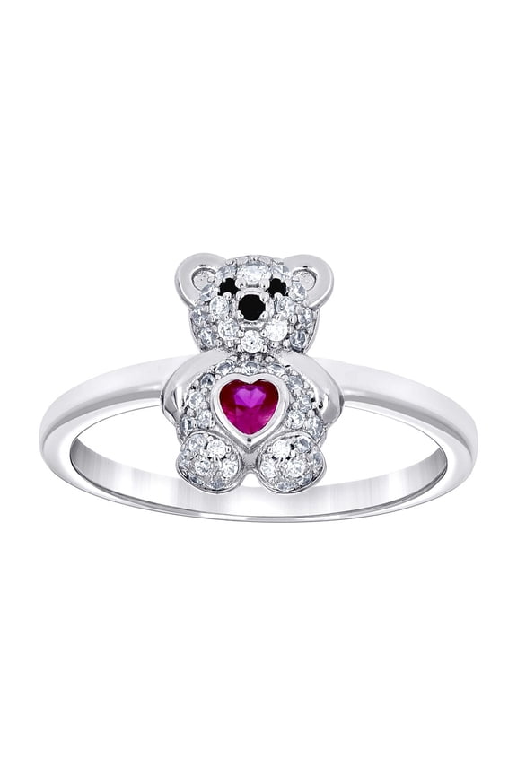 925 Sterling Silver Womens Black/pink White Heart Round Cubic Zirconia Teddy Bear Love Heart Ring 12.9x2mm Wide Size 6 R