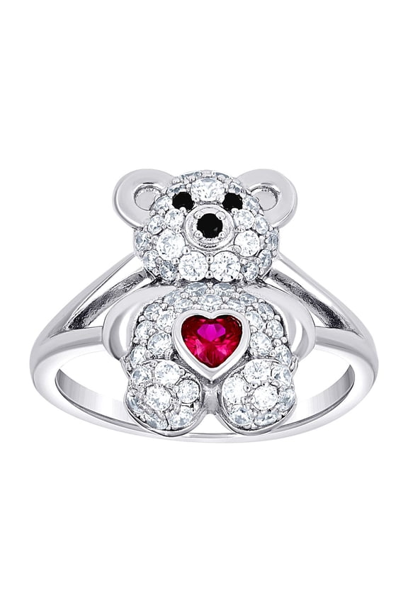925 Sterling Silver Womens Black/pink White Heart Round Cubic Zirconia Teddy Bear Love Heart Ring 19.1x2.7mm Wide Size 9