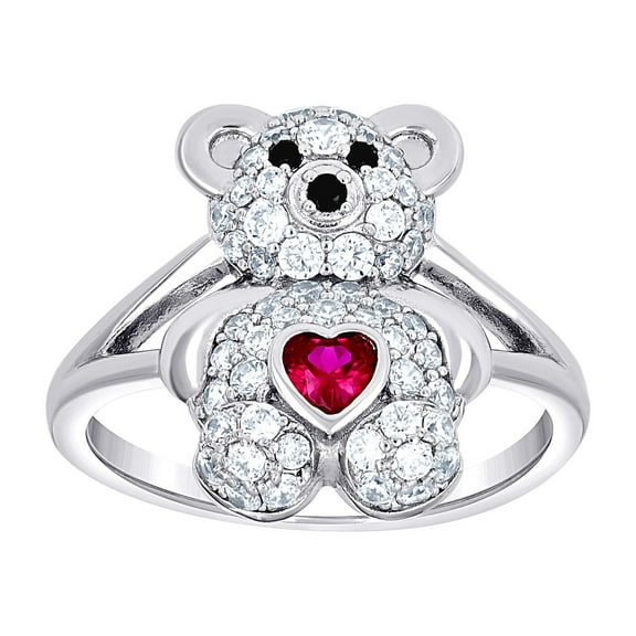 925 Sterling Silver Womens Black/pink White Heart Round Cubic Zirconia Teddy Bear Love Heart Ring 19.1x2.7mm Wide Size 9