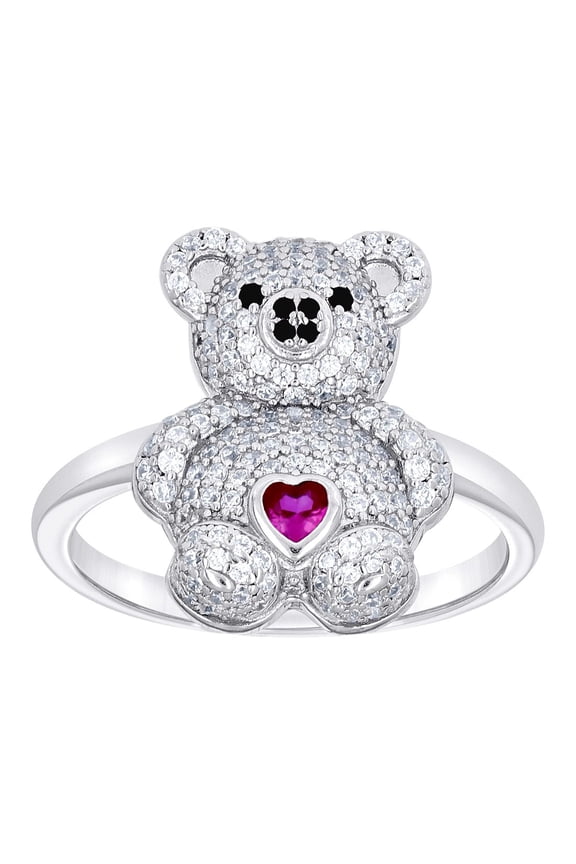 925 Sterling Silver Womens Black/pink White Heart Round Cubic Zirconia Teddy Bear Love Heart Ring 19.1x1.9mm Wide Size 8