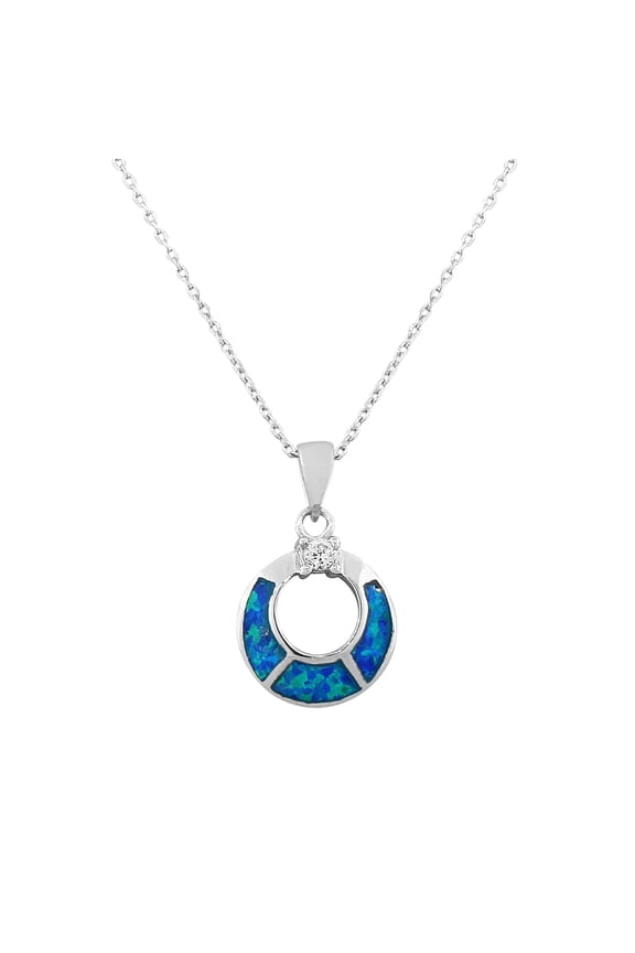 925 Sterling Silver Women's Blue Turquoise-Tone CZ Simulated Opal Pendant Necklace