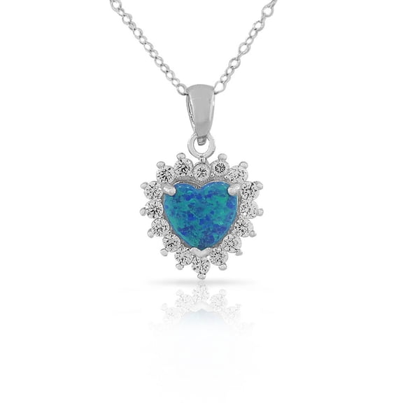 925 Sterling Silver Womens CZ Blue Turquoise-Tone Love Heart Simulated Opal Pendant Necklace