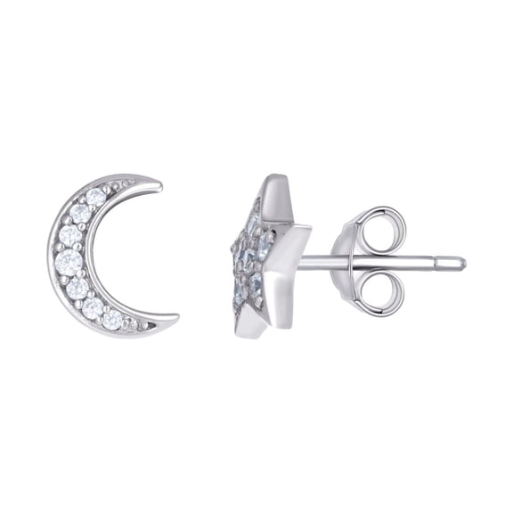 925 Sterling Silver Womens Cubic Zirconia Celestial Moon Star Fashion Stud Earrings 9.4x9.4mm Wide Stud Earring for Wome