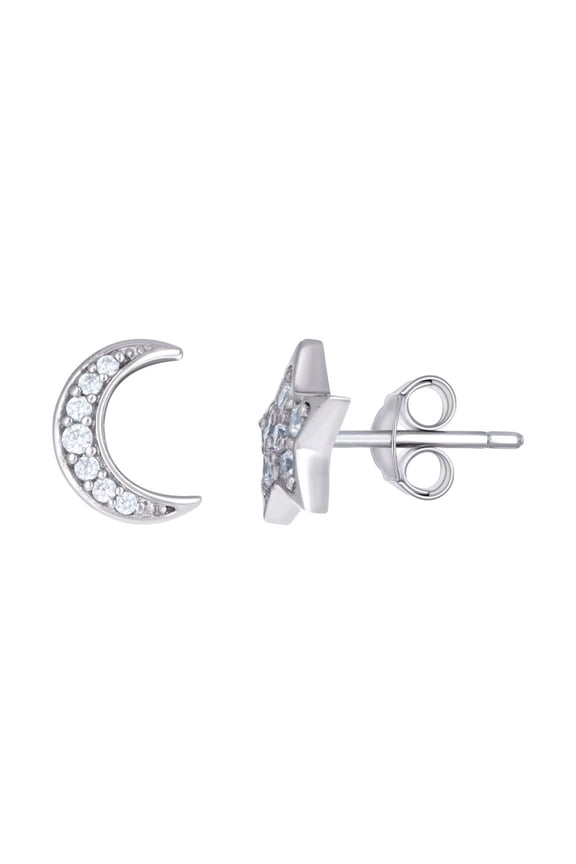 925 Sterling Silver Womens Cubic Zirconia Celestial Moon Star Fashion Stud Earrings 9.4x9.4mm Wide Stud Earring for Wome
