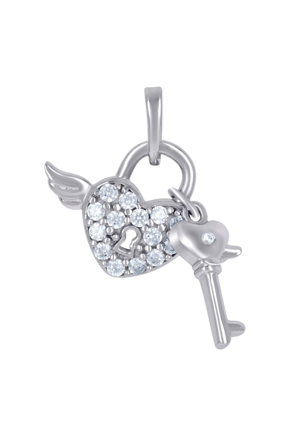 925 Sterling Silver Womens Cubic Zirconia Flying Love Heart Lock and Key Charm Pendant Necklace 25.4x21.1mm Wide Pendant