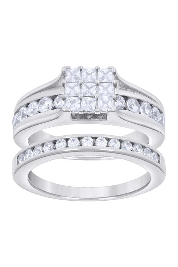 925 Sterling Silver Womens CZ Size-7 Princess-Cut Center Stones Square Head Bridal Set Wedding Engagement Band Ring