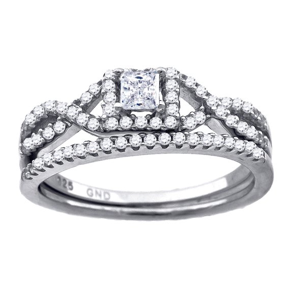 925 Sterling Silver Womens CZ Size 7 Princess-cut Center Stone Bridal Set Wedding Engagement Ring Ba Engagement Ring for