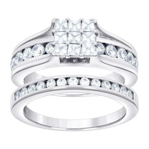 925 Sterling Silver Womens CZ Princess-cut Center Stones Square Head Bridal Set Wedding Engagement Band Ring 7.1x7mm Wid