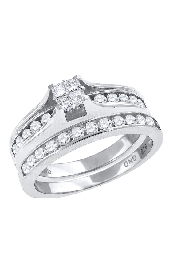 925 Sterling Silver Womens CZ Size-8 Princess-Cut Center Stones Square Head Bridal Set Wedding Engagement Band Ring