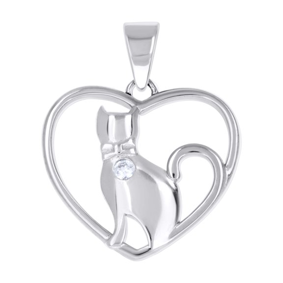 925 Sterling Silver Womens Cubic-Zirconia Cat Heart Pendant