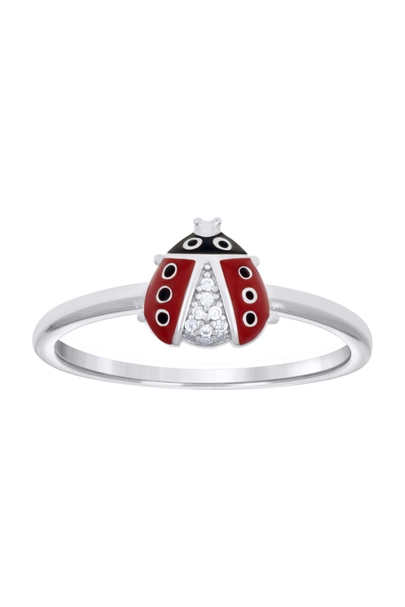 925 Sterling Silver Womens Cubic-Zirconia Enameled Ladybug Fashion Ring Size 6