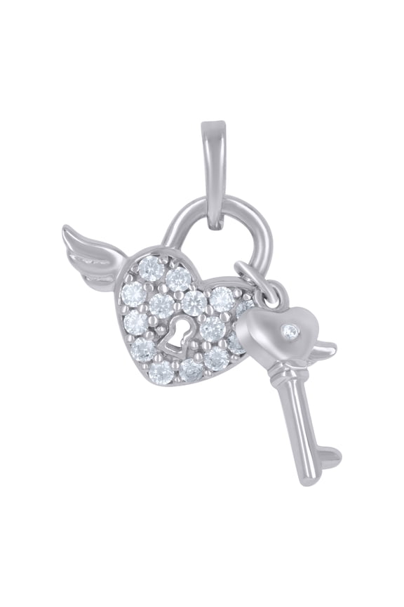 925 Sterling Silver Womens Cubic-Zirconia Flying Heart Lock & Key Charm Pendant