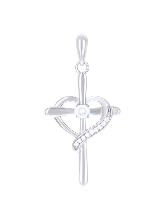 925 Sterling Silver Womens Cubic-Zirconia Heart Cross Religious Charm Pendant