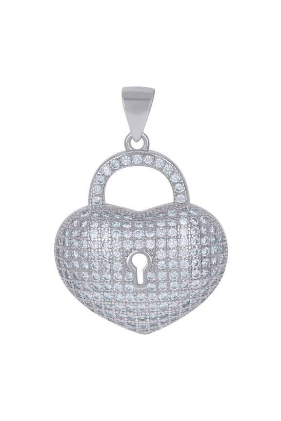 925 Sterling Silver Womens Cubic Zirconia Lock Heart Lock Charm Pendant