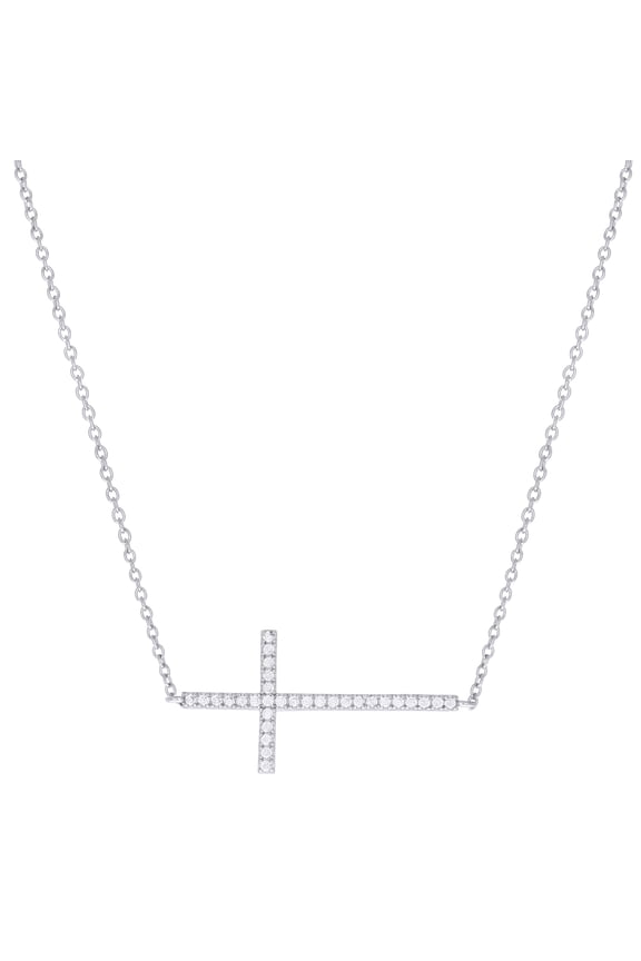 925 Sterling Silver Womens Cubic-Zirconia Sideways Cross Religious Charm Necklace Size 17 + 1 Inches