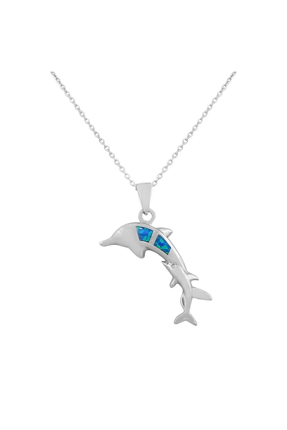 925 Sterling Silver  Womens Dolphin Blue Turquoise Simulated Opal Pendant Necklace