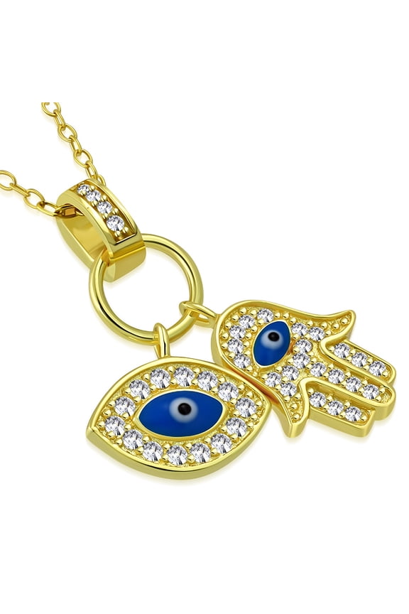 925 Sterling Silver Womens Evil Eye Hamsa Blue White CZ Pendant Necklace