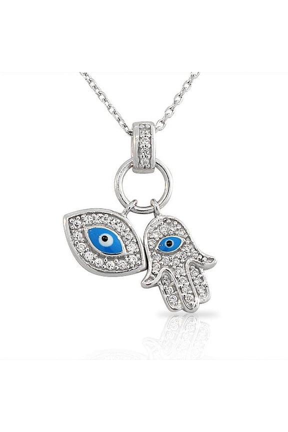 925 Sterling Silver Womens Evil Eye Hamsa Blue White CZ Pendant Necklace