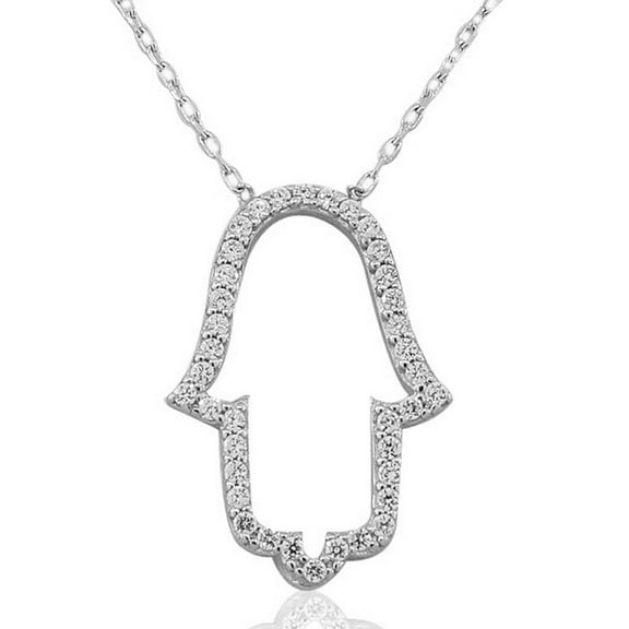 925 Sterling Silver Womens Evil Eye Hamsa White CZ Pendant Necklace