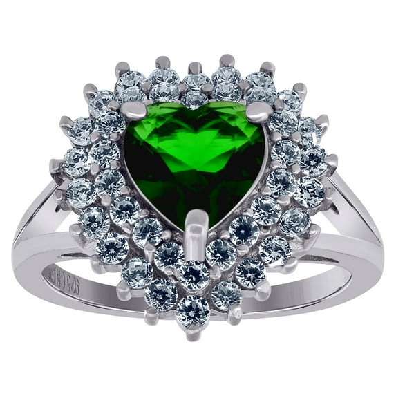 925 Sterling Silver Womens Green Cubic Zirconia Love Heart Ring Size 9 15.1x14.4mm Wide Statement Ring for Women