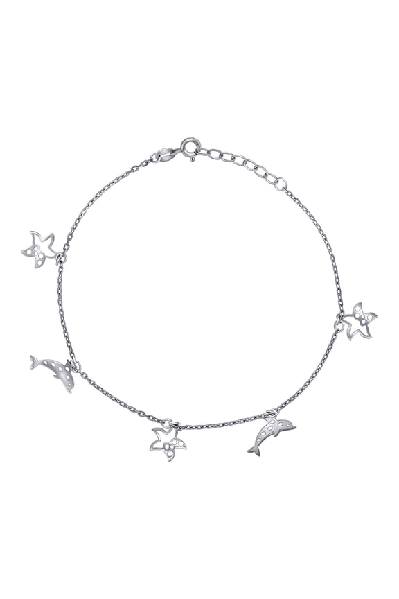 925 Sterling Silver Womens Ocean Life Charms Anklet 10 Inch 13.7mm Long Anklet for Women - 2.9 Grams