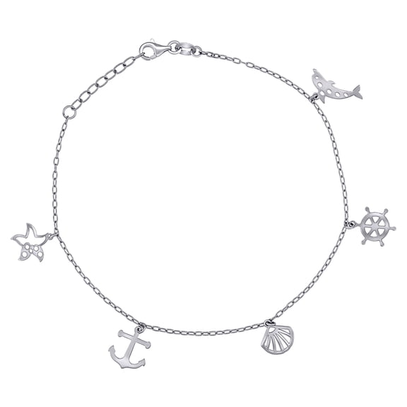 925 Sterling Silver Womens Ocean Life Charms Anklet 10 Inch 14.7mm Long Anklet for Women - 2.5 Grams