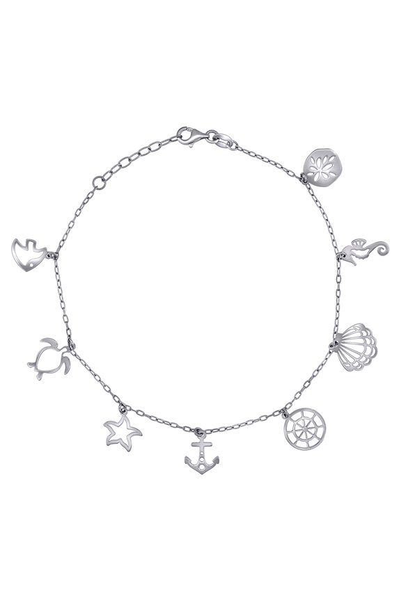 925 Sterling Silver Womens Ocean Life Charms Anklet 10 Inch 15mm Long Anklet for Women - 3.3 Grams