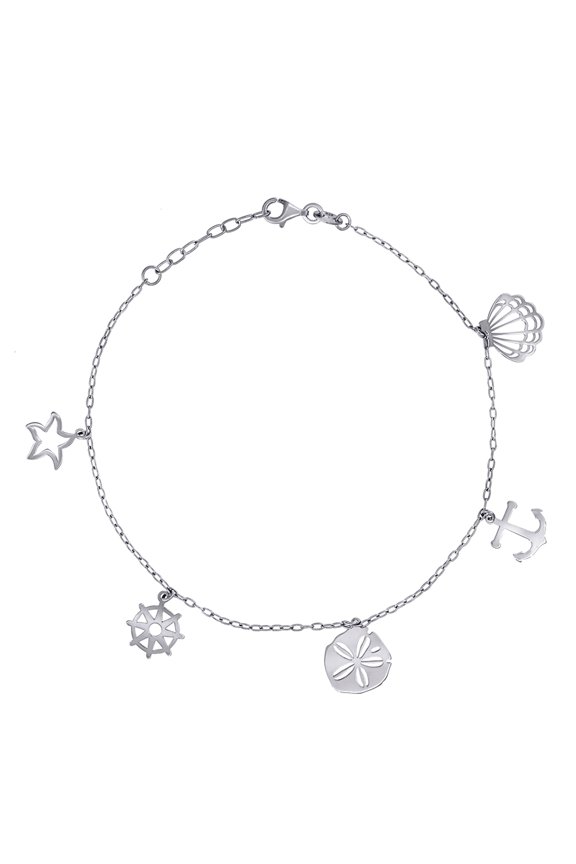 925 Sterling Silver Womens Ocean Life Charms Anklet 10 Inch 16.2mm Long Anklet for Women - 2.8 Grams