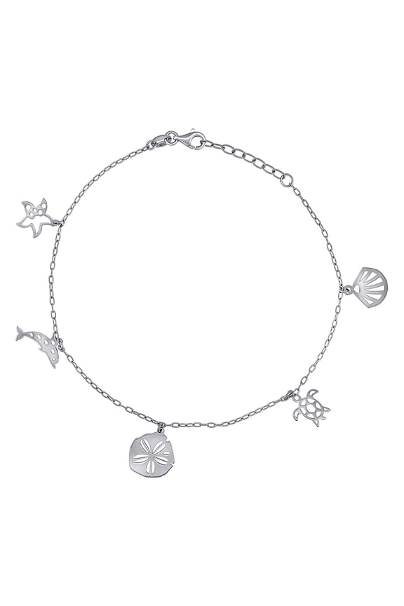925 Sterling Silver Womens Ocean Life Charms Anklet 10 Inch Anklet for Women - 2.7 Grams