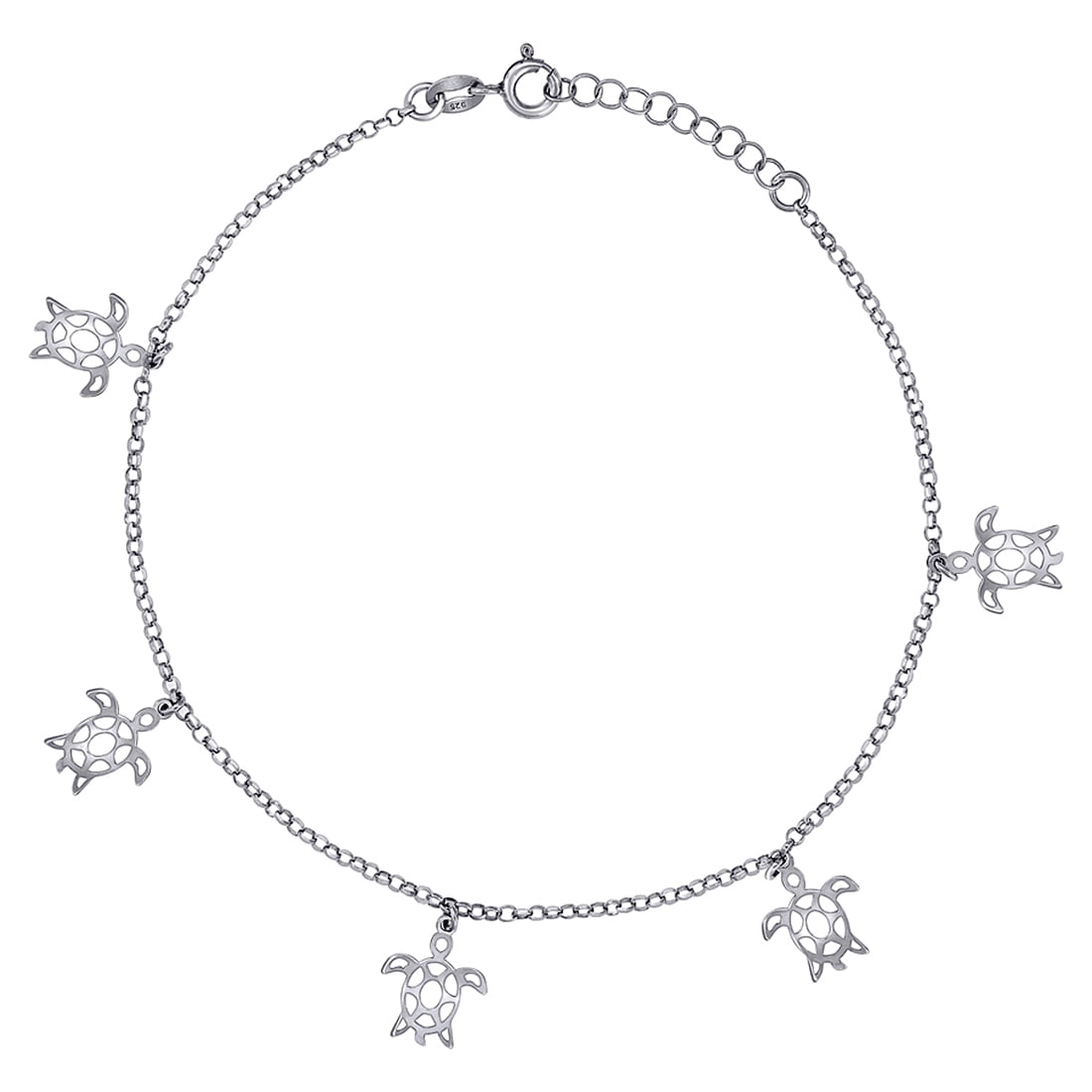 925 Sterling Silver Womens Ocean Life Turtle Charms Anklet 10 Inch Anklet for Women - 2.5 Grams
